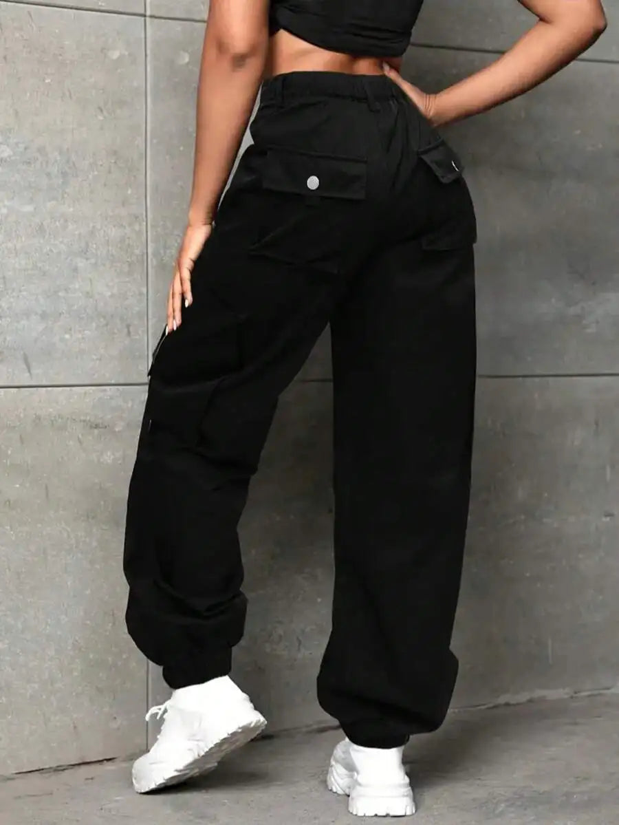 Plus Size Cargo Parachute Pants For Women, High Waist Baggy Fit Polyester Pants, Vibrant Red Streetwear Pants With Zipper