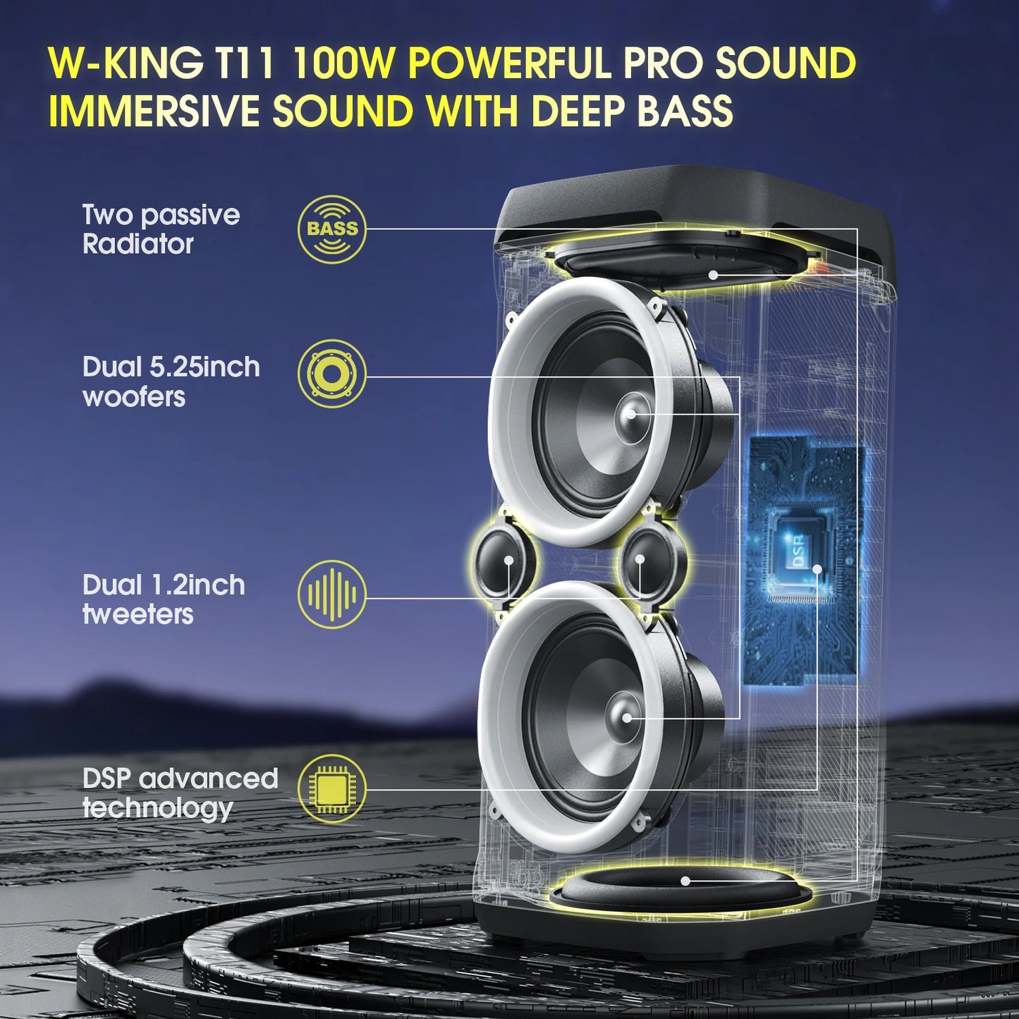 W-KING T11 100W RMS Bluetooth Speakers, IPX6 Waterproof, BT 5.3 Portable Party Boombox Wireless Deep Bass/115dB Loud Massive Sound