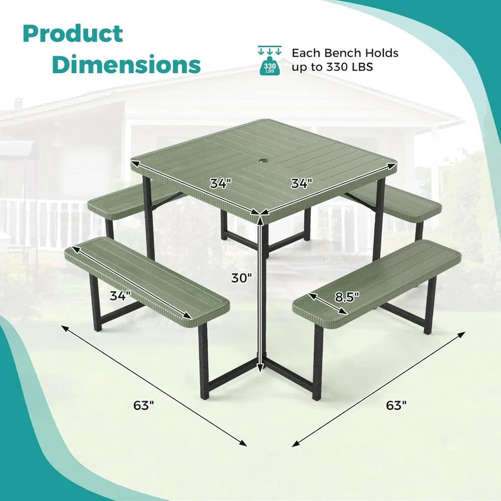 Picnic Table Bench Set for 4-8 People, 34" Outdoor Square Dining Table & 2 Benches W/Umbrella Hole, Customized