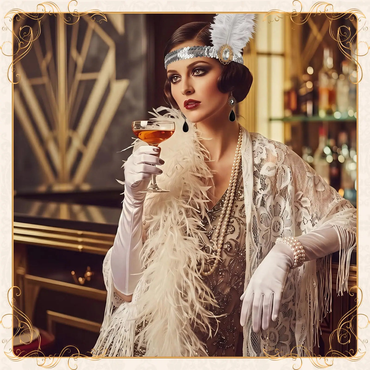 8PCS Flapper Accessories Set for Women, Roaring 20's Costume Set 1920s Flapper Kit Shawl Headband Gloves, Lace Stretch Fabric, Retro 20s Theme Accessories for Halloween Party Cosplay