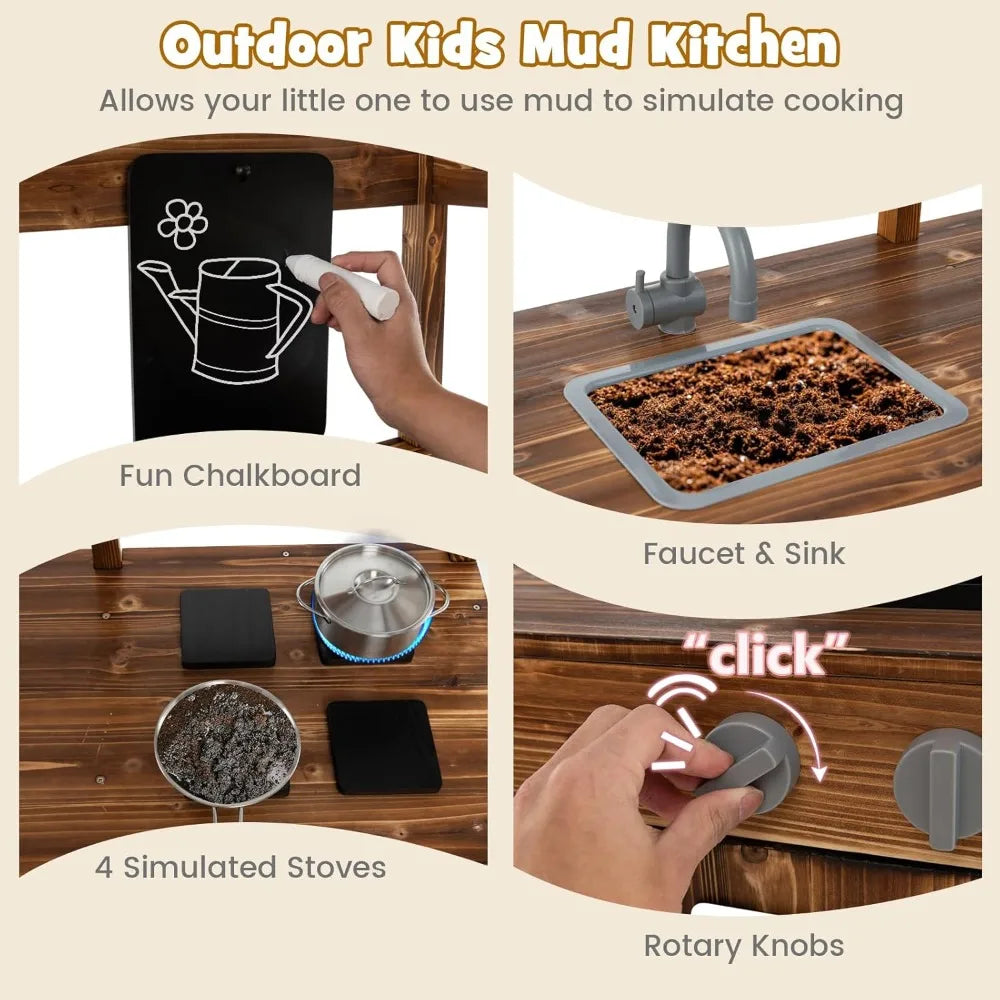 Mud Kitchen with Canopy, Fir Wood Play Kitchen for Toddlers, Garden Sink, Stoves, Chalkboard, Storage Cabinet, Customized