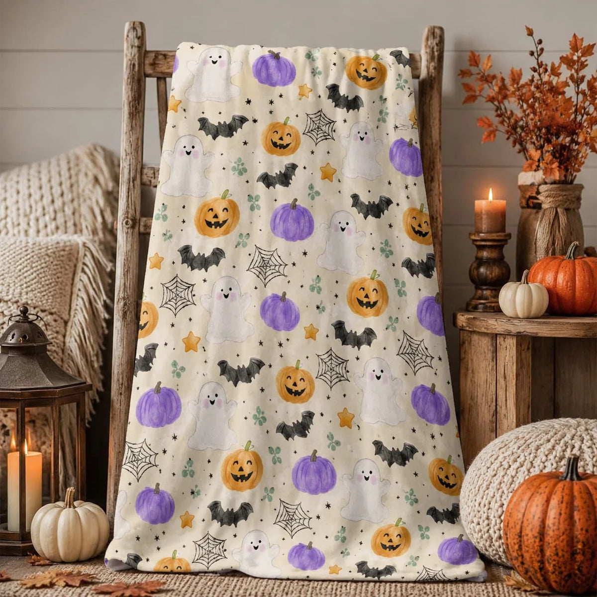 Halloween Ghost Pumpkin Bat Doodle Fleece Blanket, Cute Spooky Autumn Throw, Cozy Fall Purple Orange Black Blanket, Seasonal Home Décor