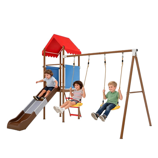 Metal Swing Set for Kids with Slide Sunshade Canopy Playhouse Outdoor Backyard Playground Playset for Children Garden Play