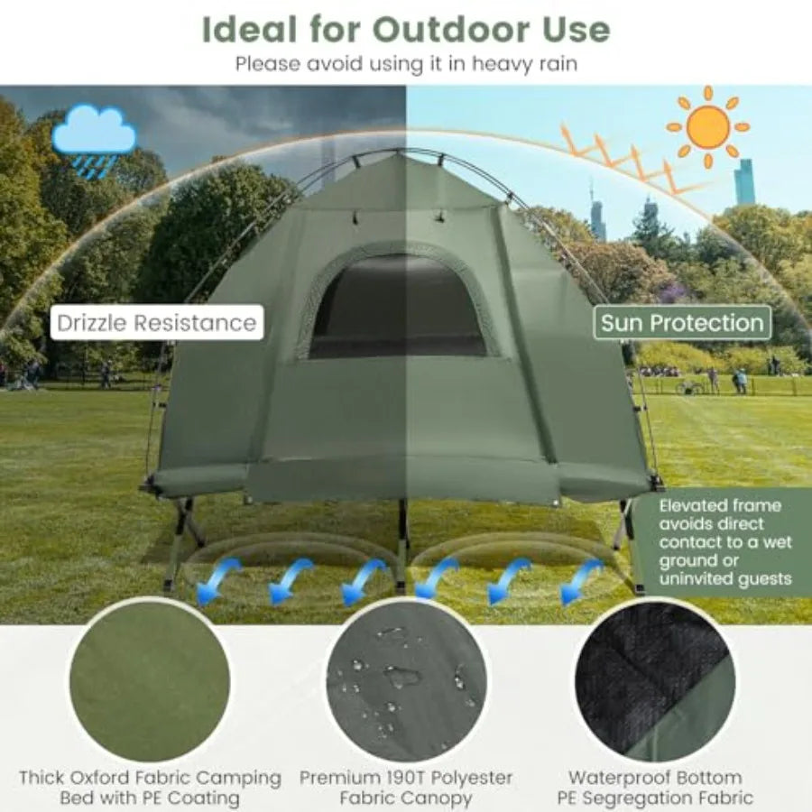 Camping Tent Cot 5-in-1 Folding Camping Bed with Air Mattress Pillow Sleeping Bag Waterproof Elevated Tent Shelter Portable Out