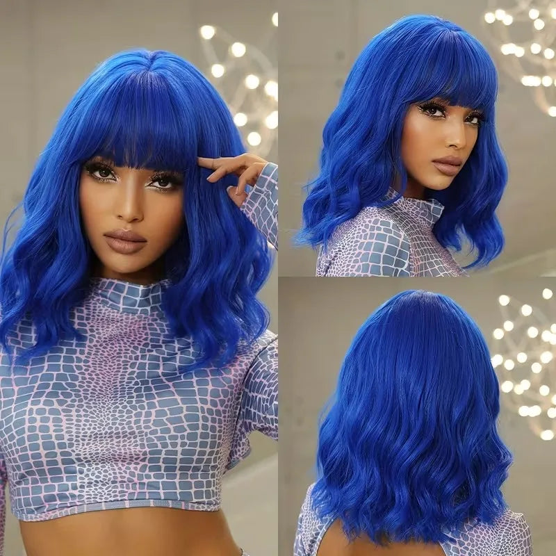 Bob Wig With Bangs 12 Inch Short Wavy Bob Wig Synthetic Blue Orange Pink Yellow Purple Red Wigs For Women Cosplay Halloween Kpop Daily Use