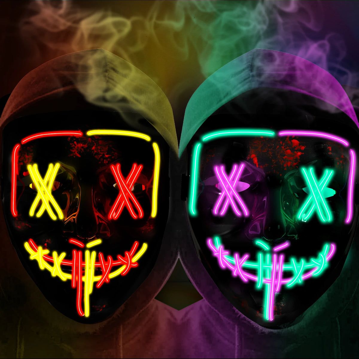 2-Pack LED Light-Up Purge Costume Masks, 3 Lighting Modes, Neon Glow Scary Face Masks for Halloween Cosplay & Masquerade Parties - Ice Blue + Blue/Red