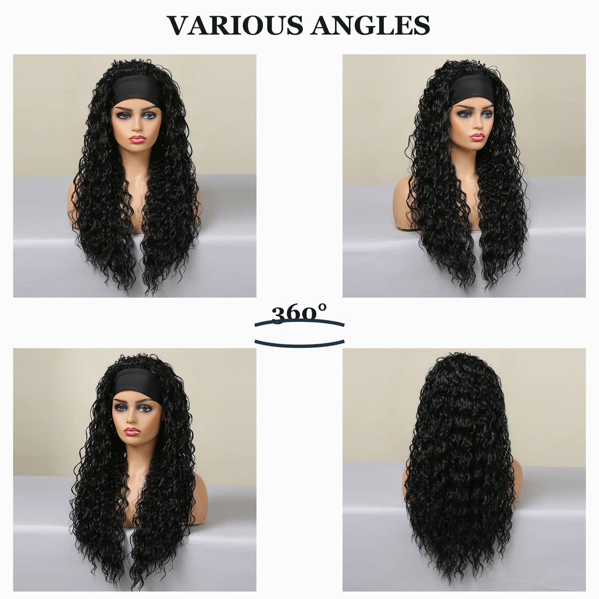 Halloween Wig TopShe Headband Wig Long Body Wave Wig with Headband Blanck Curly Synthetic Wig for Woman 26inch Heat Resistant Fiber Kinky Curly Wave Glueless Daily Party Cosplay Costume Soft Natural Looking