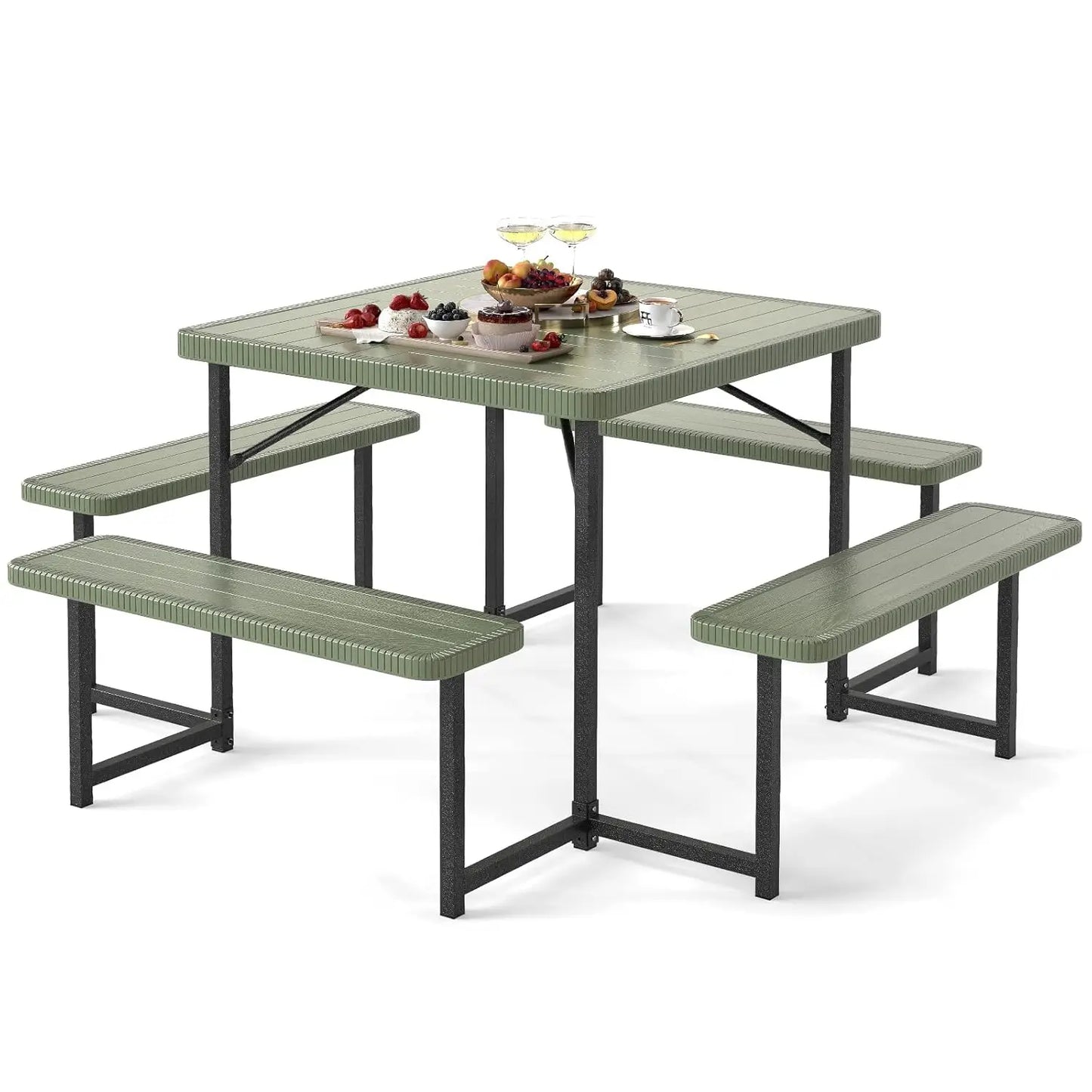 Picnic Table Bench Set for 4-8 People, 34" Outdoor Square Dining Table & 2 Benches W/Umbrella Hole, Customized
