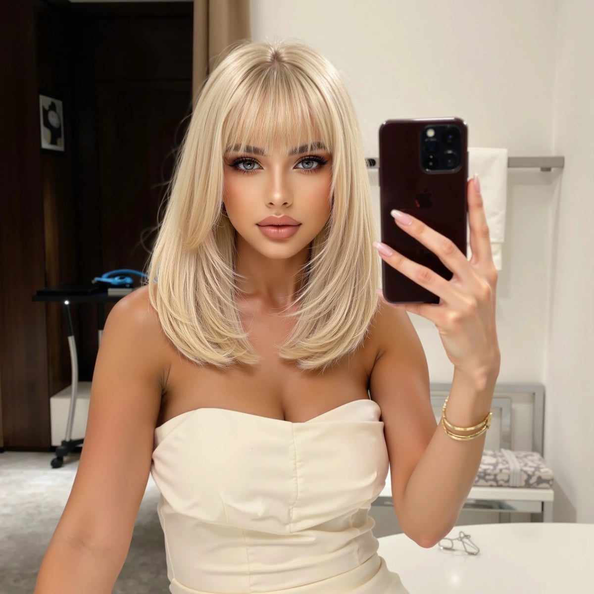 Halloween Wig TopShe Long Straight Golden Blonde Wig Synthetic Wig Heat Resistant Fiber Bob Wig with Bangs 14 Inch or Women Simulation Scalp Soft Full Fringe Natural Looking Hair Cosplay Party Daily Wear 170g