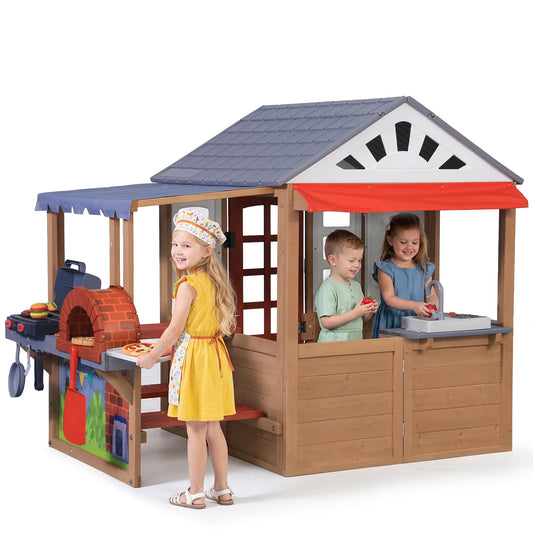 Kids Wooden Playhouse with BBQ Grill Pizza Oven, 2-in-1 Outdoor Indoor Pretend Play Cottage with Sink Whiteboard Doorbell Mailbox, Backyard Role Play Bakery House Toy for Toddlers Boys Girls