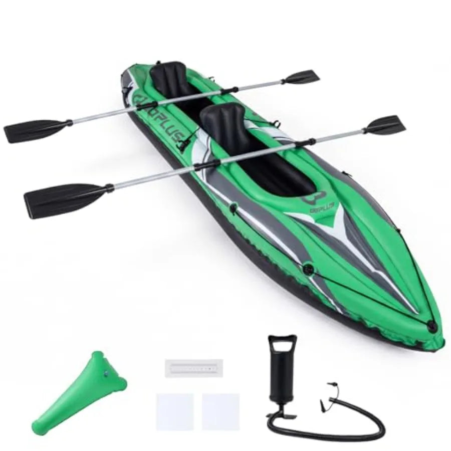 Inflatable Kayak For Lake And River Fishing, PVC Material, Blue And Gray, Durable Heavy-Duty Tandem Touring Design With Aluminu
