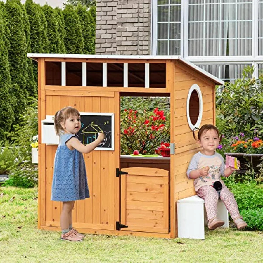Outdoor Wooden Playhouse For Kids With Working Door, Yellow Finish, Includes Windows, Mailbox, Bench, And Flower Pot Holder