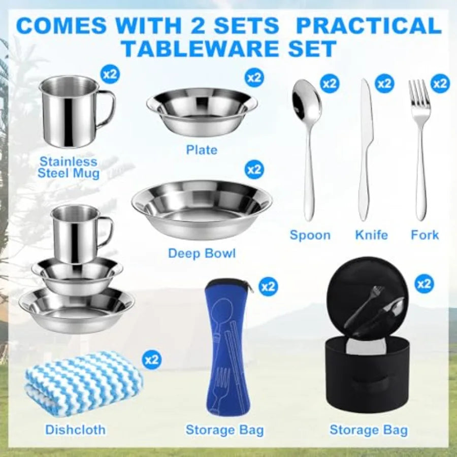18 Pcs Camping Tent Set for 2-3 Person Include Tent Sleeping Bag Waterproof Camping Tarp Stainless Steel Mess Kit with Mug Bowl
