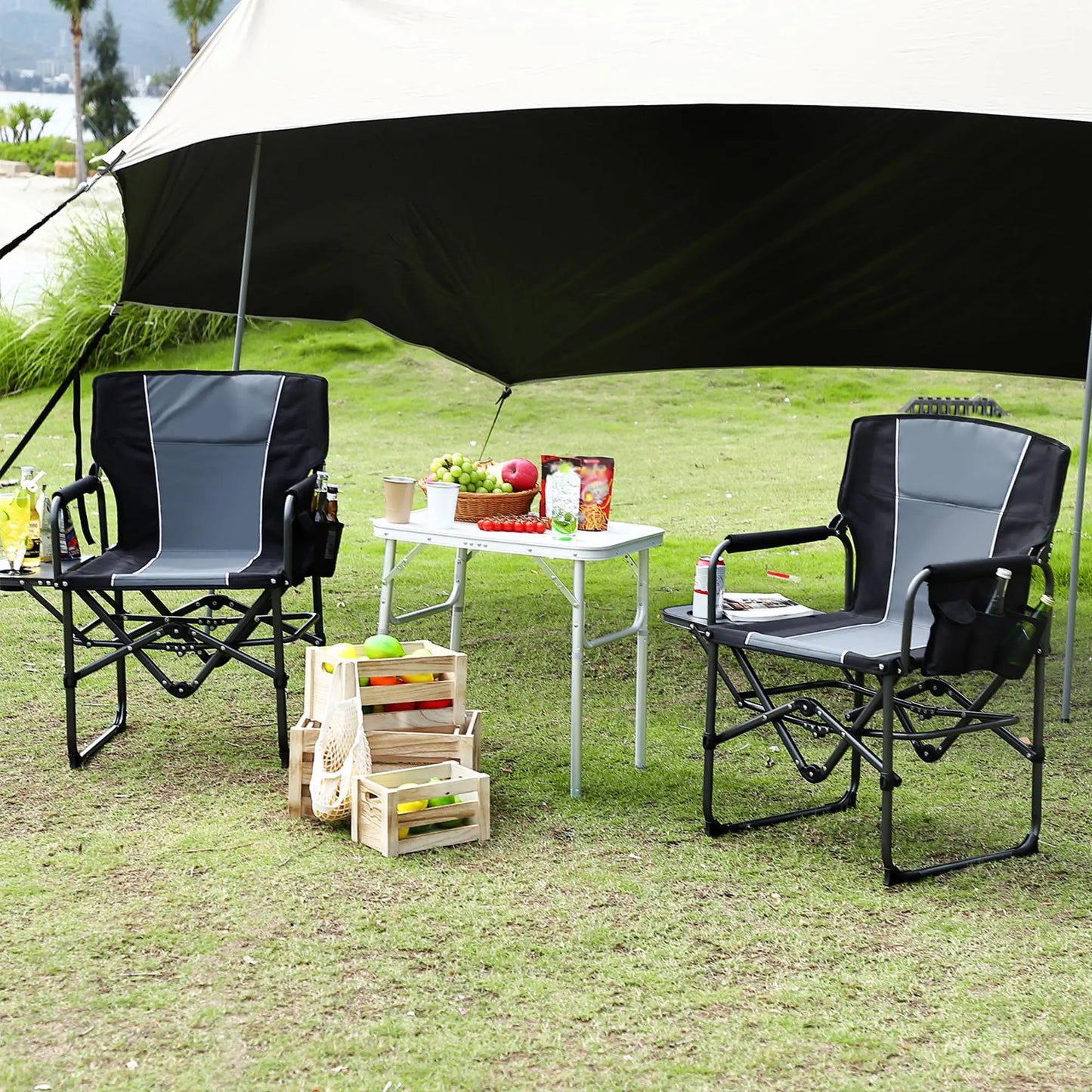 1 PCS Heavy Duty Oversized Directors Camping Chairs for Adults, 400lb Portable Folding Outdoor Lawn Chair with Side Table, Pocket & High Back, Ideal for Beach, Fishing, Picnic - Black