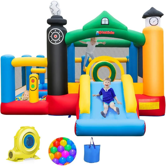Inflatable Bounce House Train Theme Jumping Castle with Slide Ball Pit Basketball Rim for Indoor Outdoor Use Fun and Safe Inflatable