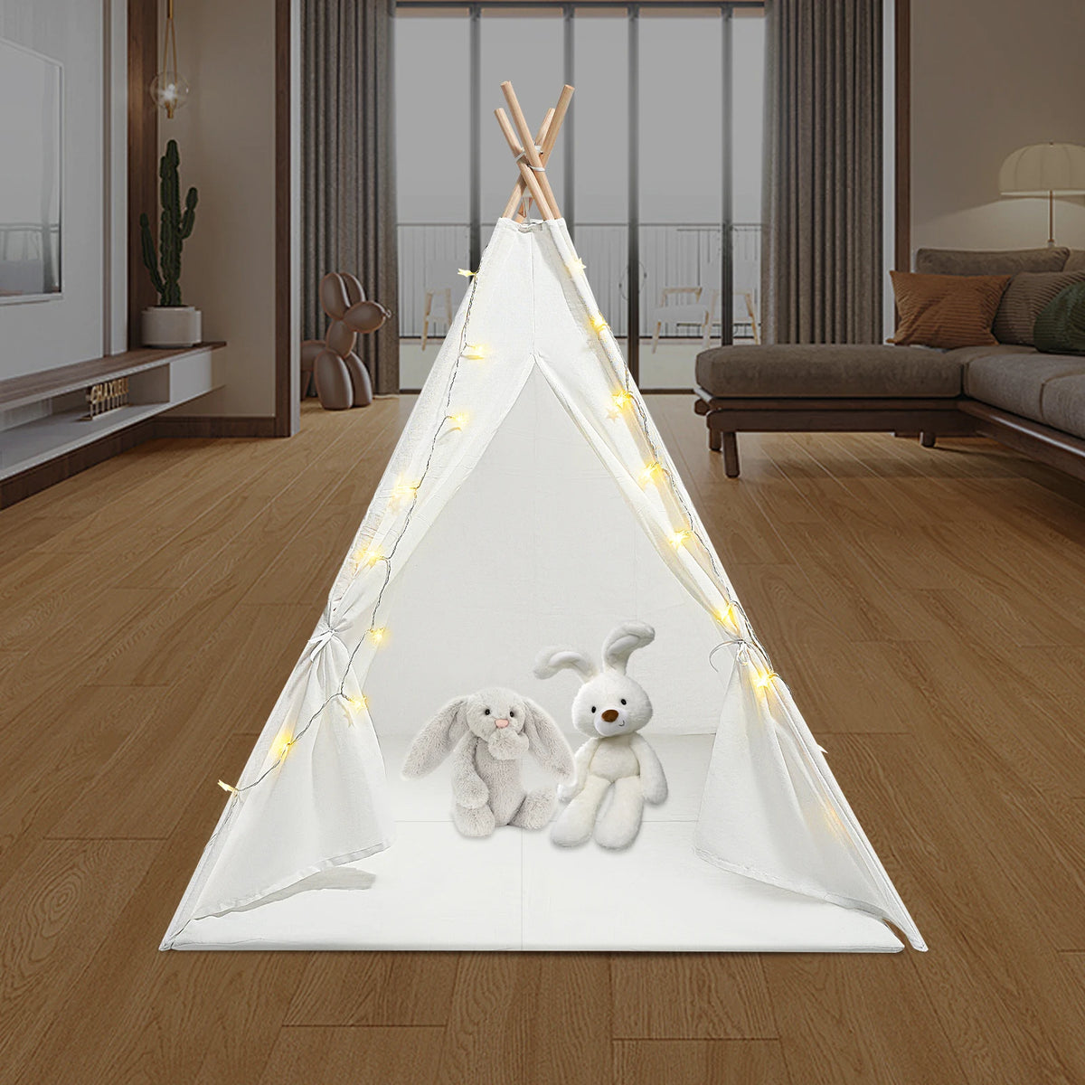 Kids Teepee Play Tent Set, 120120140cm White Cotton Linen 160cm Wood Poles Star Light Mat Assembly Accessories, Foldable Window Curtain Washable Tear-proof Cloth Stable Frame, Bedroom Reading Nook Birthday Indoor Picnic Decor