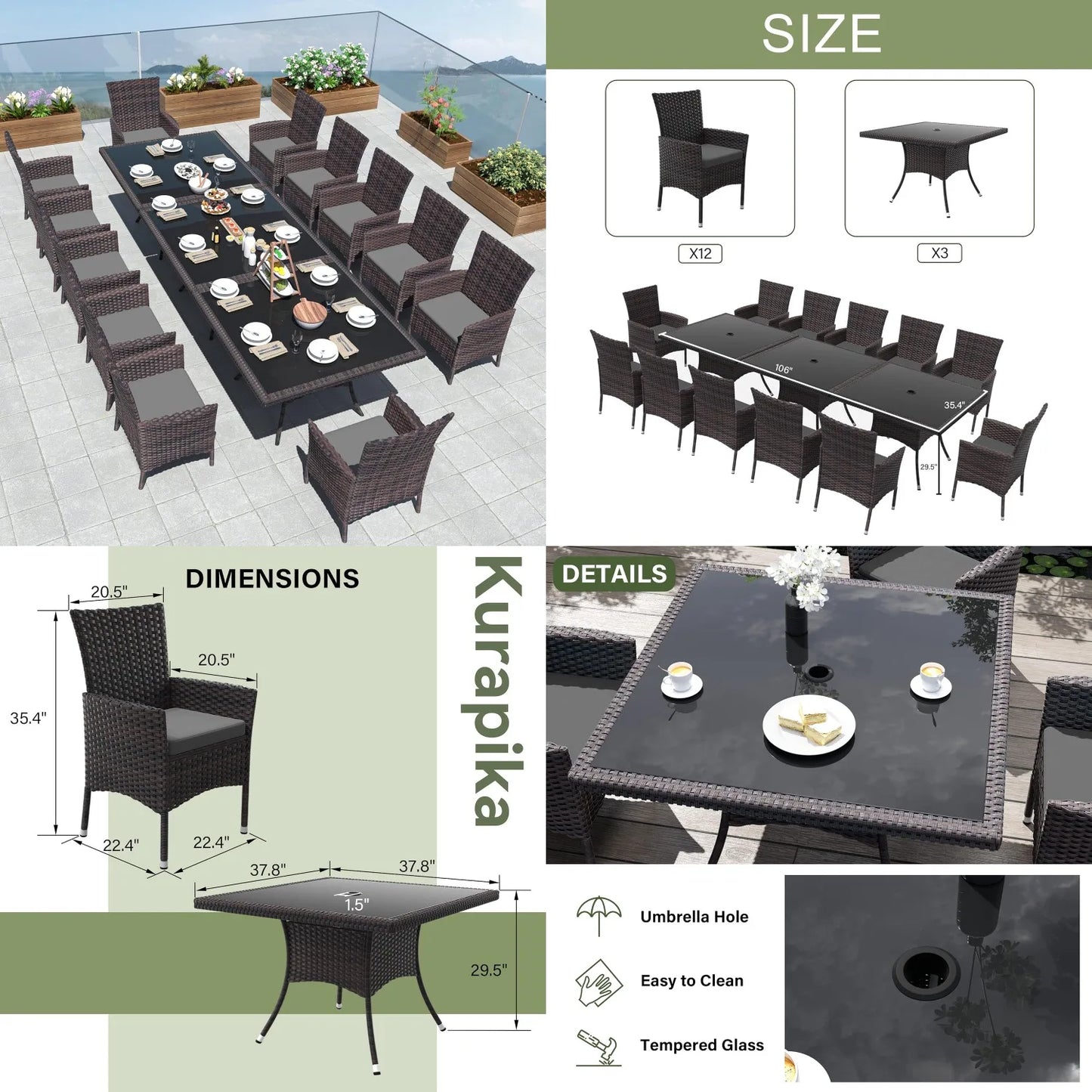 15-Piece Rattan Outdoor Dining Set Square Tempered Glass Table w Umbrella Hole & 12 Chairs Grey Customized