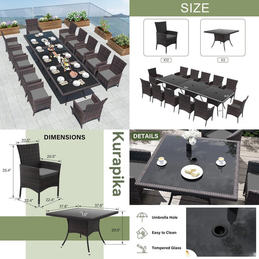 15-Piece Rattan Outdoor Dining Set Square Tempered Glass Table w Umbrella Hole & 12 Chairs Grey Customized