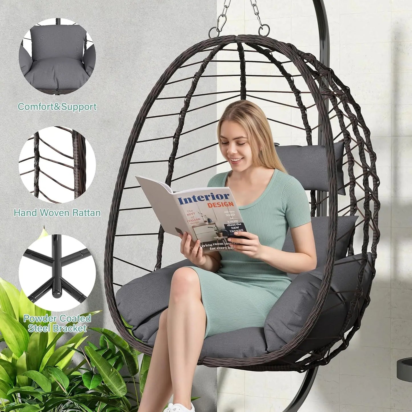 Egg Chair with Stand, Swinging Egg Chairs Outdoor Indoor, Hanging Basket Chair with Cushion, Patio Wicker, Customized