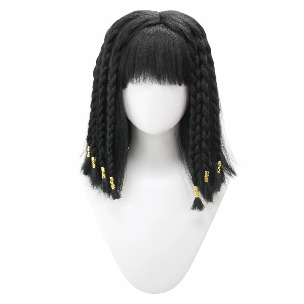 Black Braided Bob Wig Synthetic Short Bangs Gold Beads African Egyptian Queen Costume Wig Halloween Cosplay Party Carnival