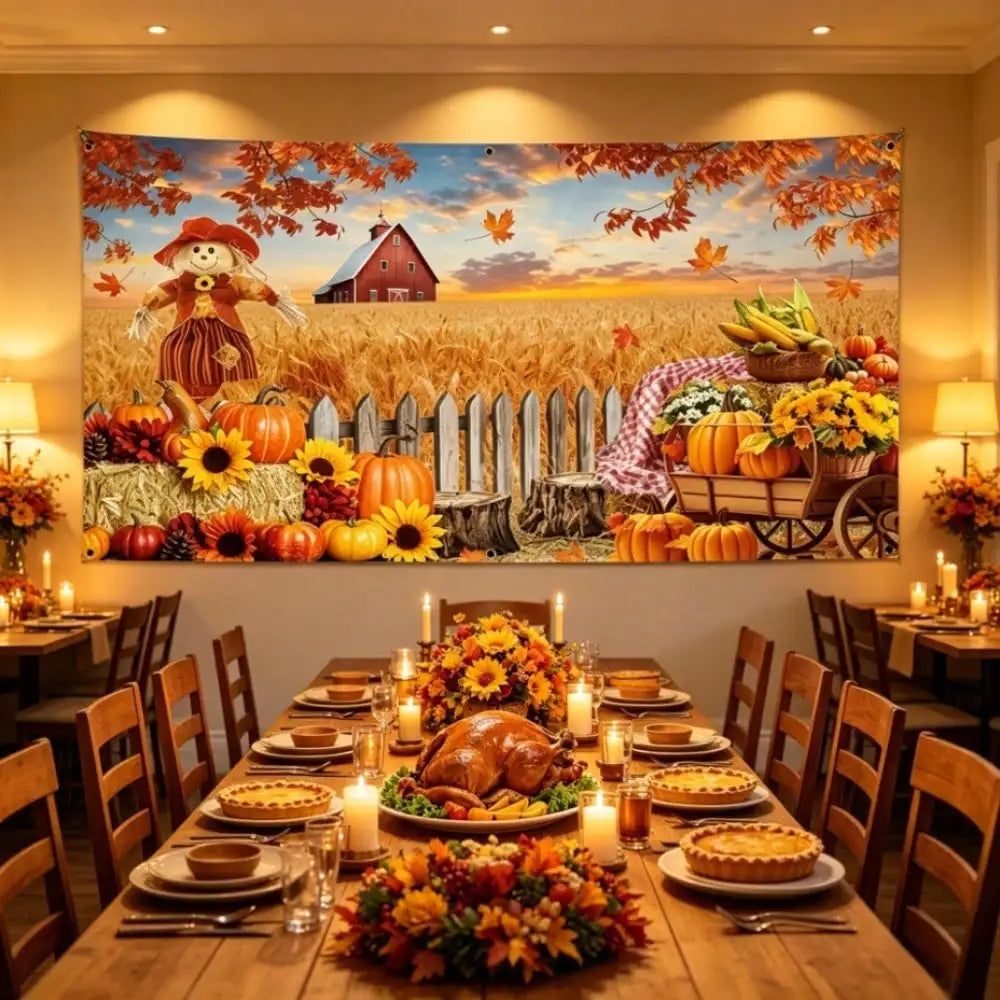 1pc Thanksgiving Fall Harvest Backdrop Banner, 157*71in Large Pumpkin Scarecrow Farm Barn Photo Background Cloth With Balloon Chain, Autumn Thanksgiving Day Party Wall Hanging Decor Supplies