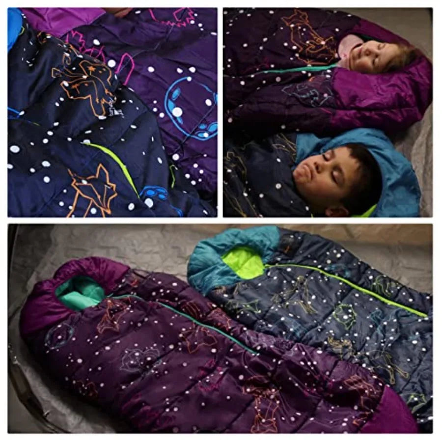 Glow in the Dark Mummy Sleeping Bag for and Youth Temperature Rating 30°F/-1°C Water-Resistant for Camping Hiking and Slumber Party