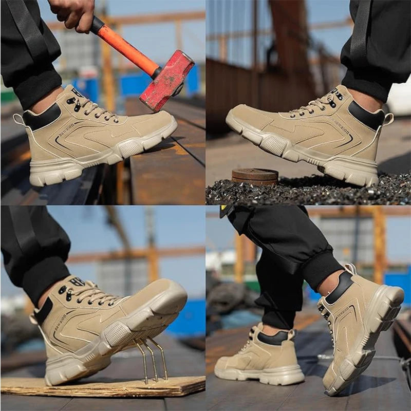 Men's & Women's Brown High-top PU Water Repellent Lightweight Anti-smash Anti-puncture Comfortable Wear Resistant Industrial Construction Work Safety Boots