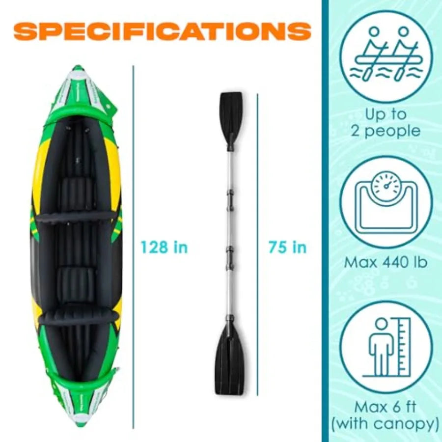 Inflatable Kayak 2 Person with Detachable Sun Canopy Heavy-Duty Tandem Kayak for Adults Reinforced Paddles Waterproof