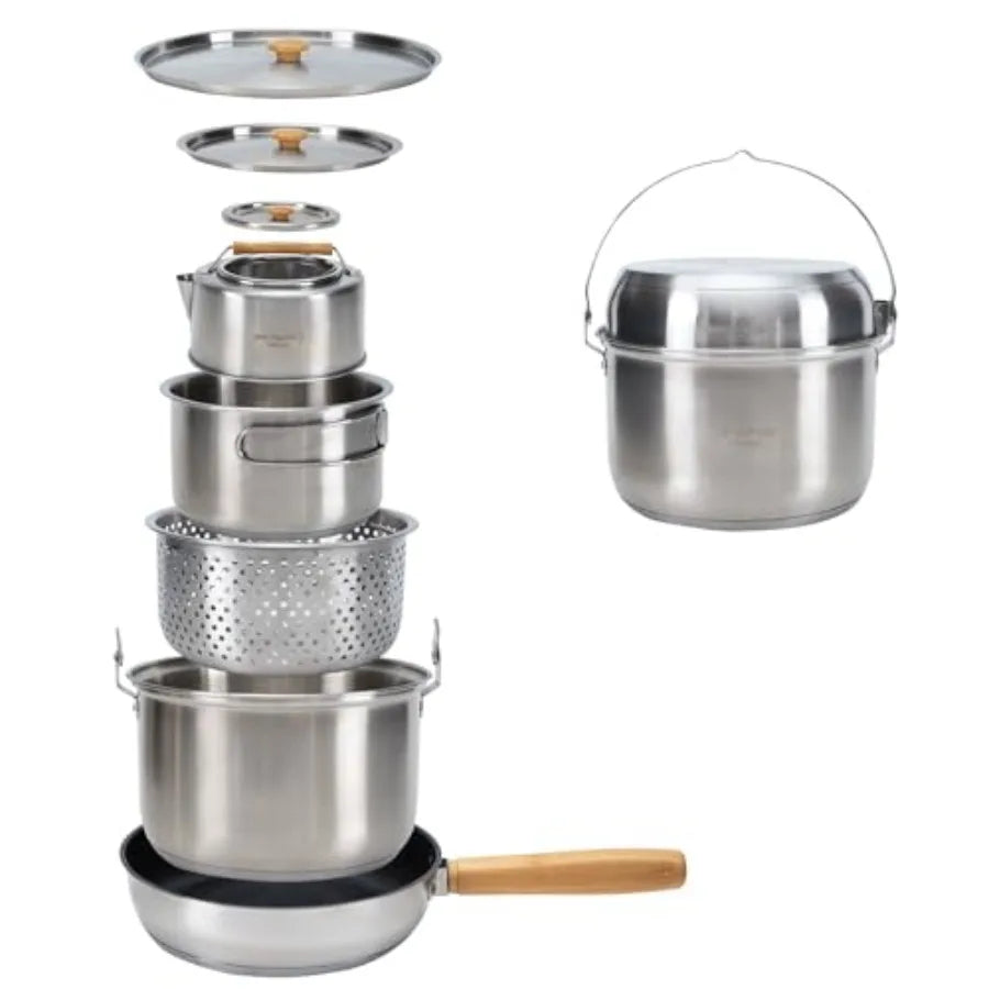 Camping Cookware Set 304 Stainless Steel Campfire Cooking Pots Pan and Kettle with Travel Tote Bag for Camping Outdoor Kitchen