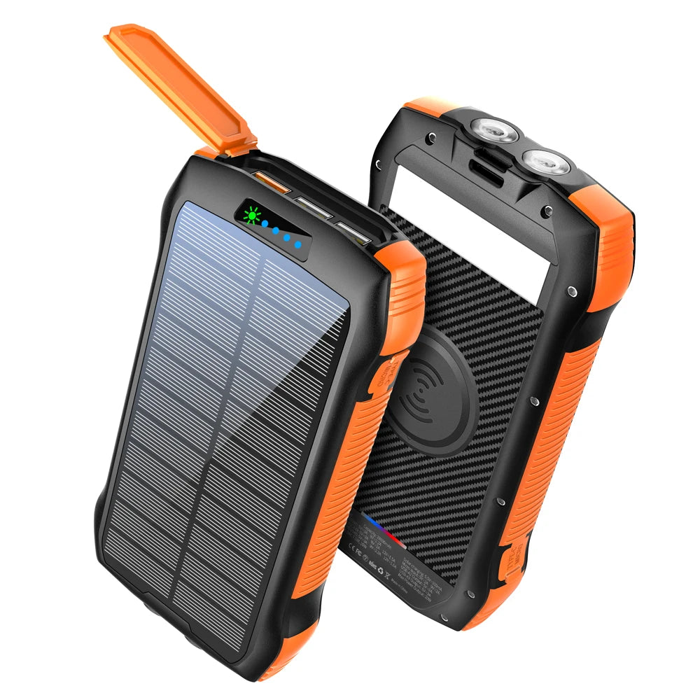 33500mAh Solar Charger Power Bank with 15W Fast Wireless Charging,PD 20W USB-C ,LED Flashlight,Water-Resistant for Outdoor