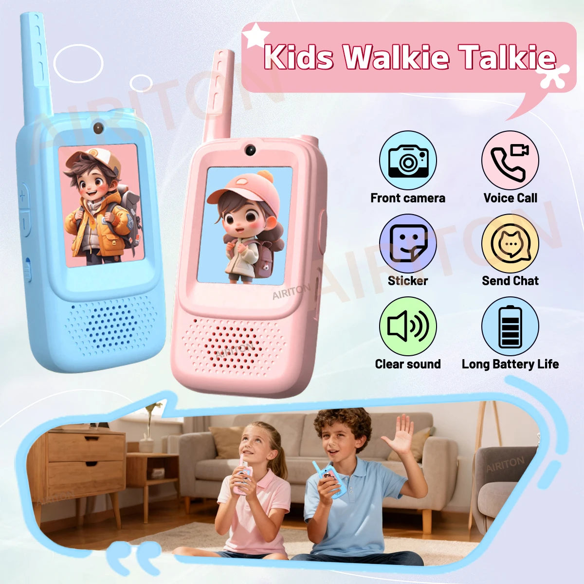 2PCS AIRITON Children's Video Walkie Talkie Selfie Send Voice Photo Emoticons Walkie Talkies For Kids Gift Boys Girls JK300