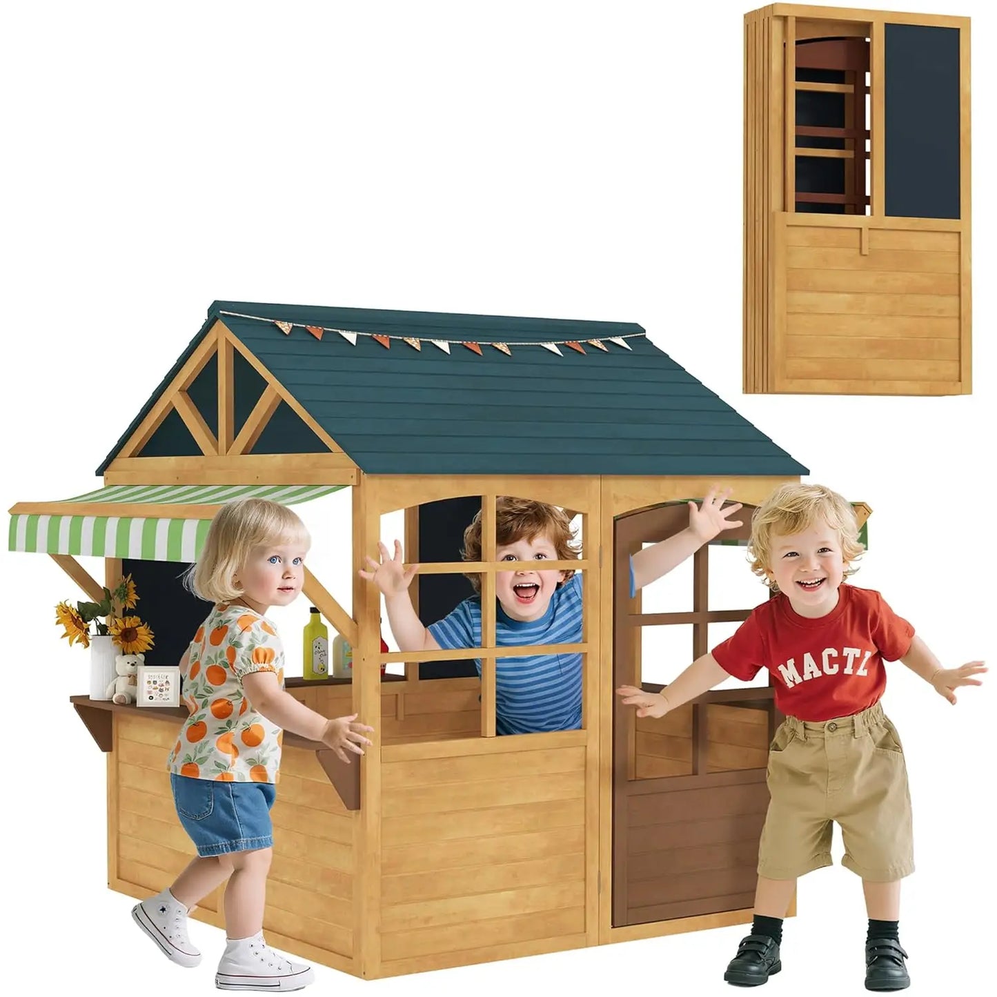 Foldable Outdoor Playhouse, Wooden Cabin with Windows, Hinged Door, Bar, and Waterproof Cover; Customizable