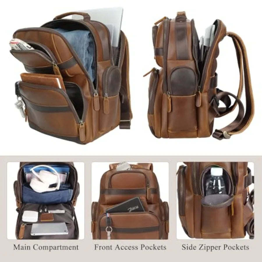 Men's Vintage Leather Backpack 15.6 Laptop Bag Large Capacity Business Travel Hiking Shoulder Daypacks Brown Premium Quality