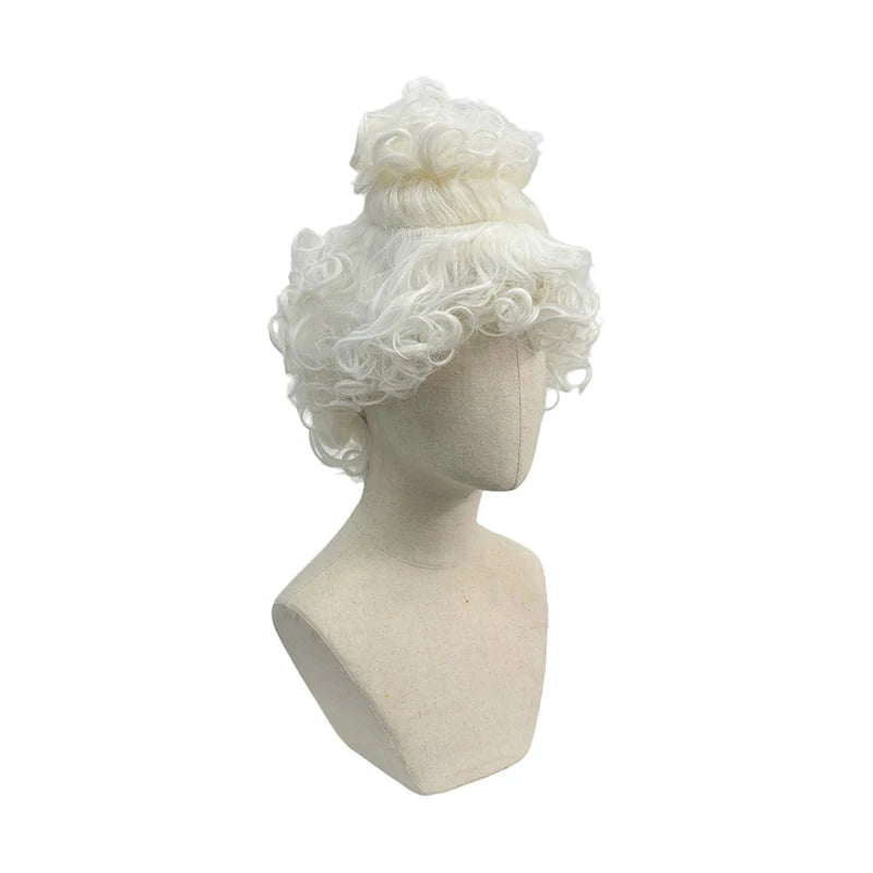 Pure White Premium Synthetic Fiber Rococo Baroque Wig Tight Curls Ringlets Fluffy Voluminous Updo with Top Bun Heat Resistant Adjustable Cap for Women Cosplay Party Halloween Costume Role Play Stage Show Photo Shoot