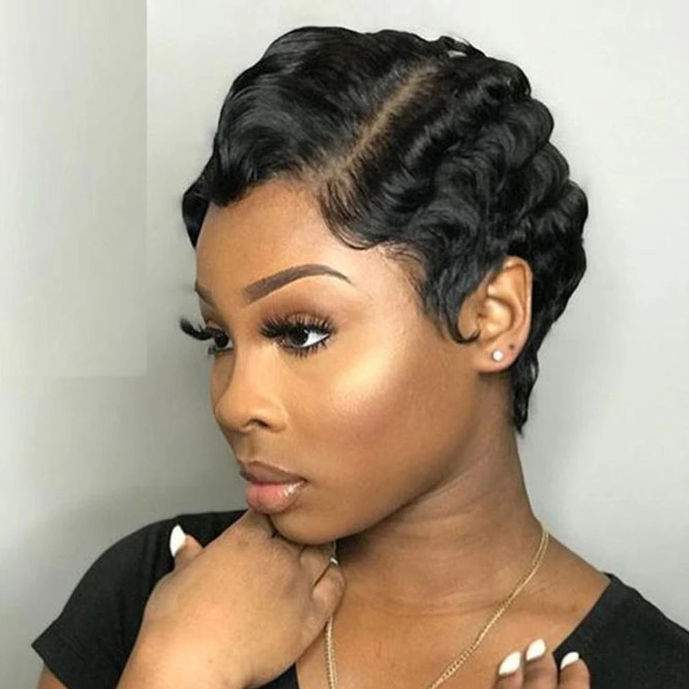 Finger Wave Wig Short Mommy Hair Curly Wigs for Black Women Lady Wig Cosplay Costume Halloween Party Pixie Cut Wig Human Hair