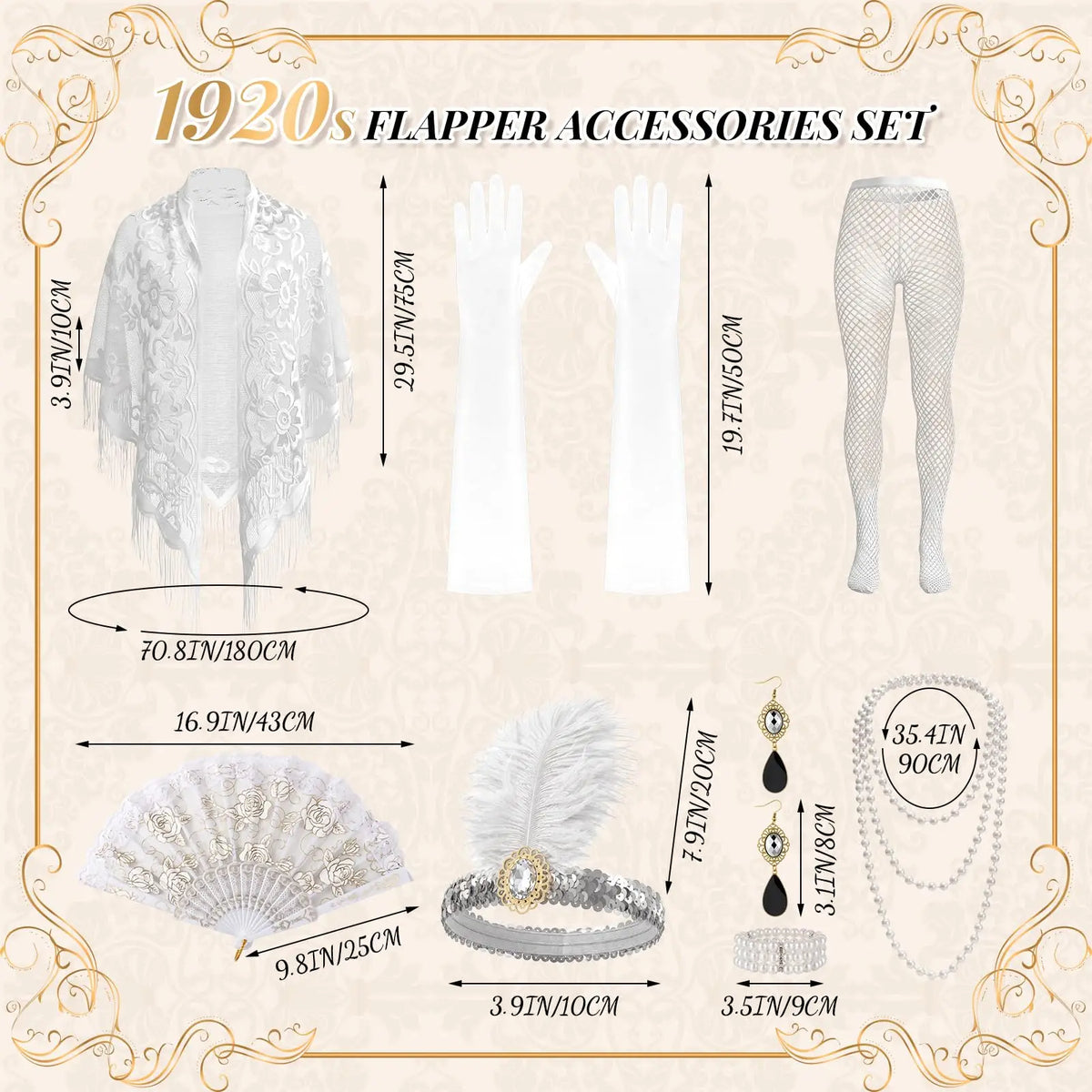 8PCS Flapper Accessories Set for Women, Roaring 20's Costume Set 1920s Flapper Kit Shawl Headband Gloves, Lace Stretch Fabric, Retro 20s Theme Accessories for Halloween Party Cosplay