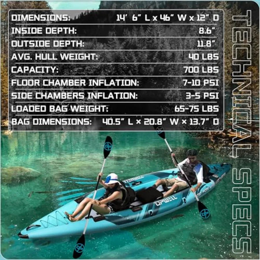 11'14'6 Inflatable Kayak with Drop Stitch Floor in Blue and Gray Includes Kayak Seat with Thickened Cushion Paddle Fin Repair Kit