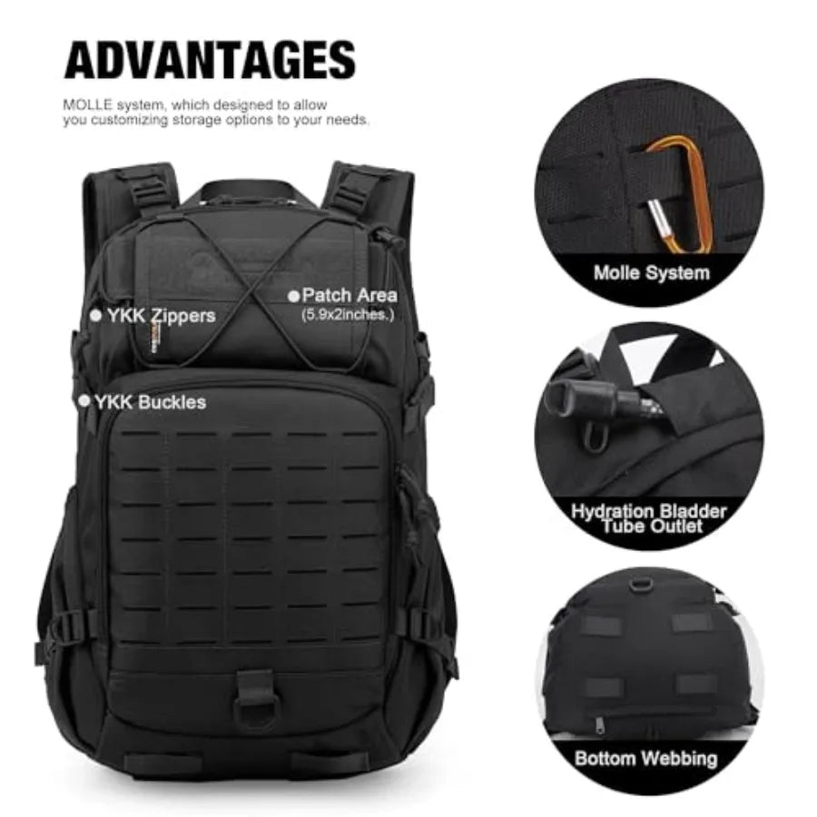 Small Military Tactical Backpack for Men 25L Molle Cordura Backpack for Hiking Camping Rucking Black Durable Lightweight