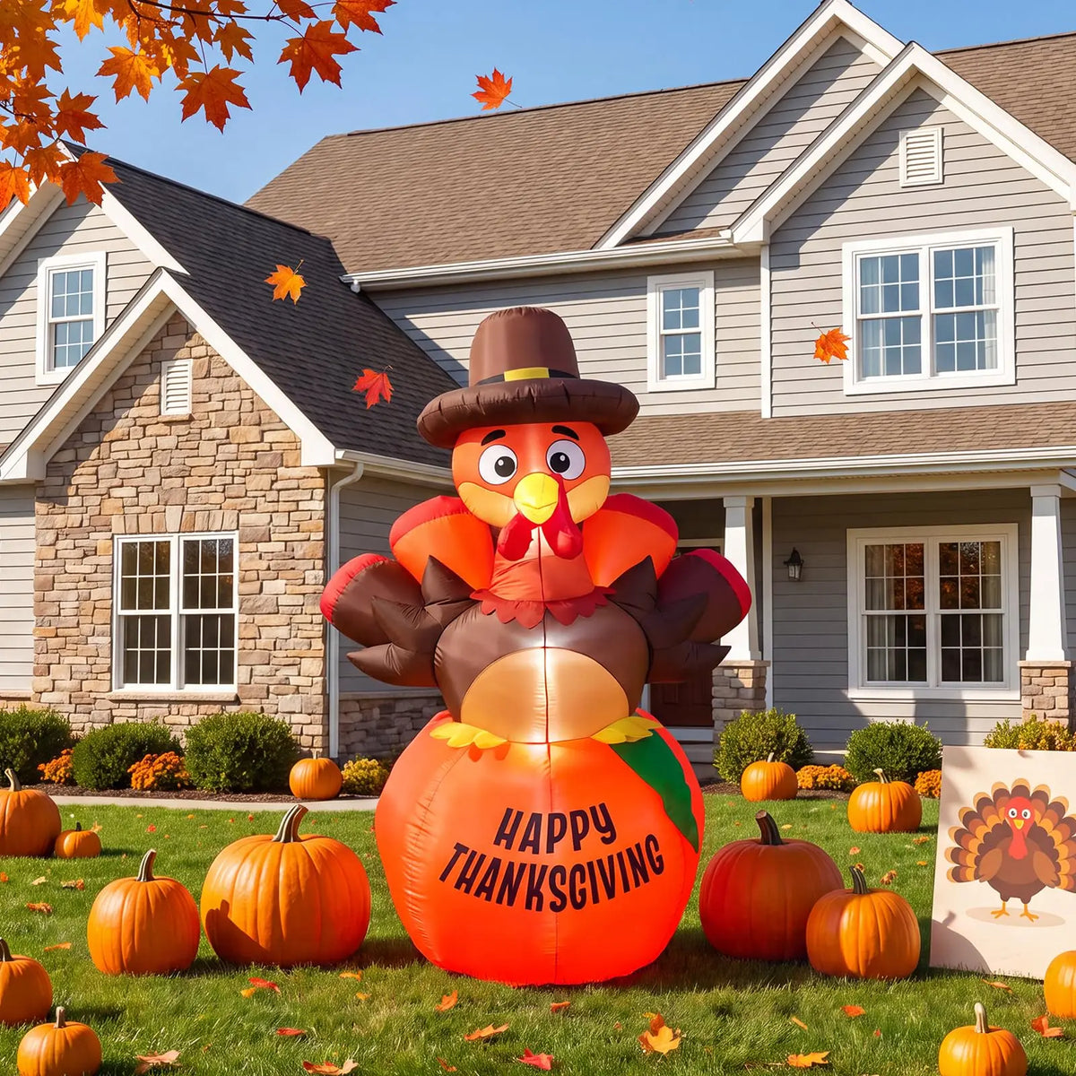 6ft Thanksgiving Pumpkin Turkey Inflatable Yard Decor With 7 Led Lights, Blower, Stakes & Ropes For Lawn Porch Garden Party Home