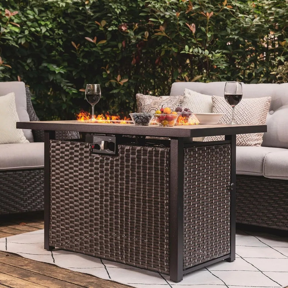 Nuu Garden Outdoor 43" 50,000 BTU Propane Gas Fire Pit Table, Ceramic Tabletop and Rattan Weaved Iron Frame, Water-Proof Oxford