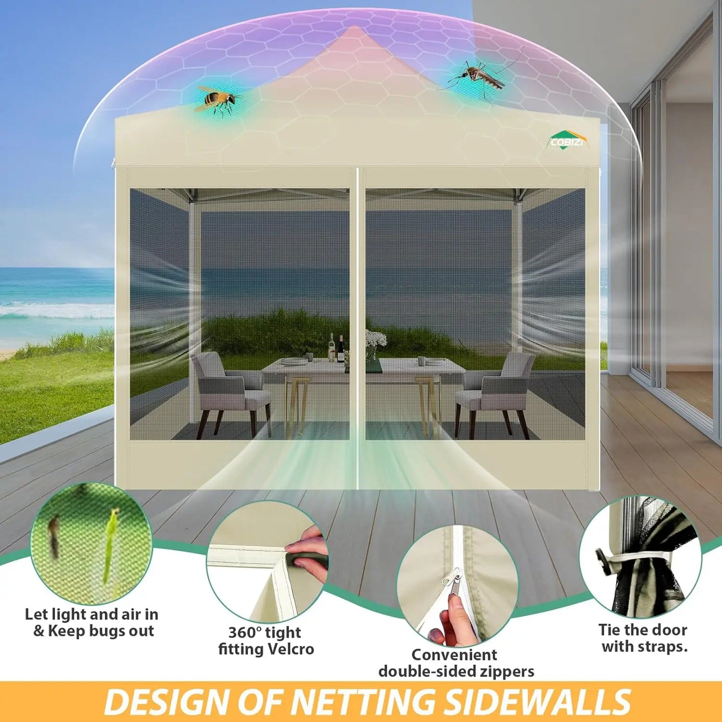 10x10 Heavy Duty Pop Up Canopy Tent with 4 Sidewalls Mosquito Netting Screen for Outdoor Camping Party Wedding Khaki,Custom