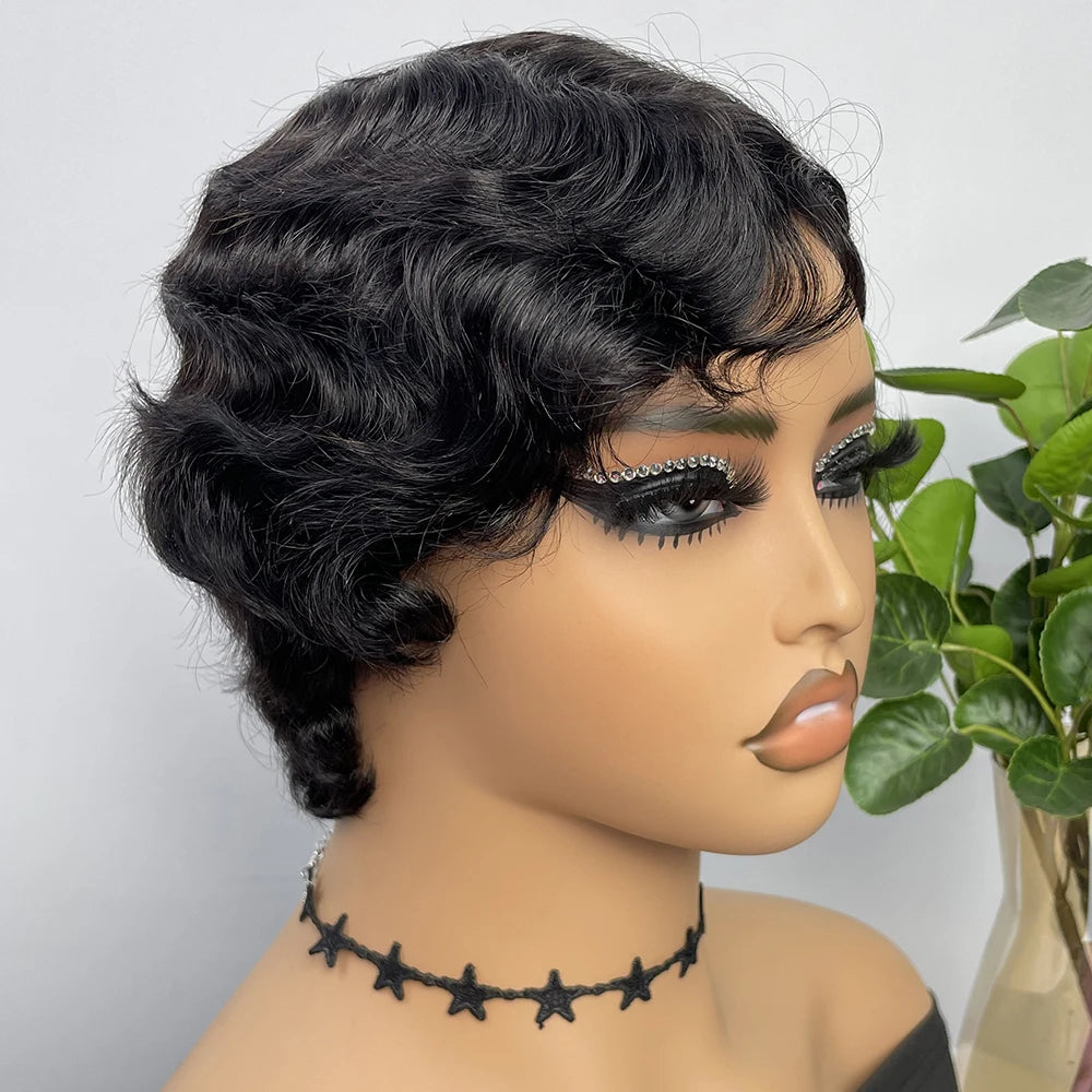 Finger Wave Wig Short Mommy Hair Curly Wigs for Black Women Lady Wig Cosplay Costume Halloween Party Pixie Cut Wig Human Hair