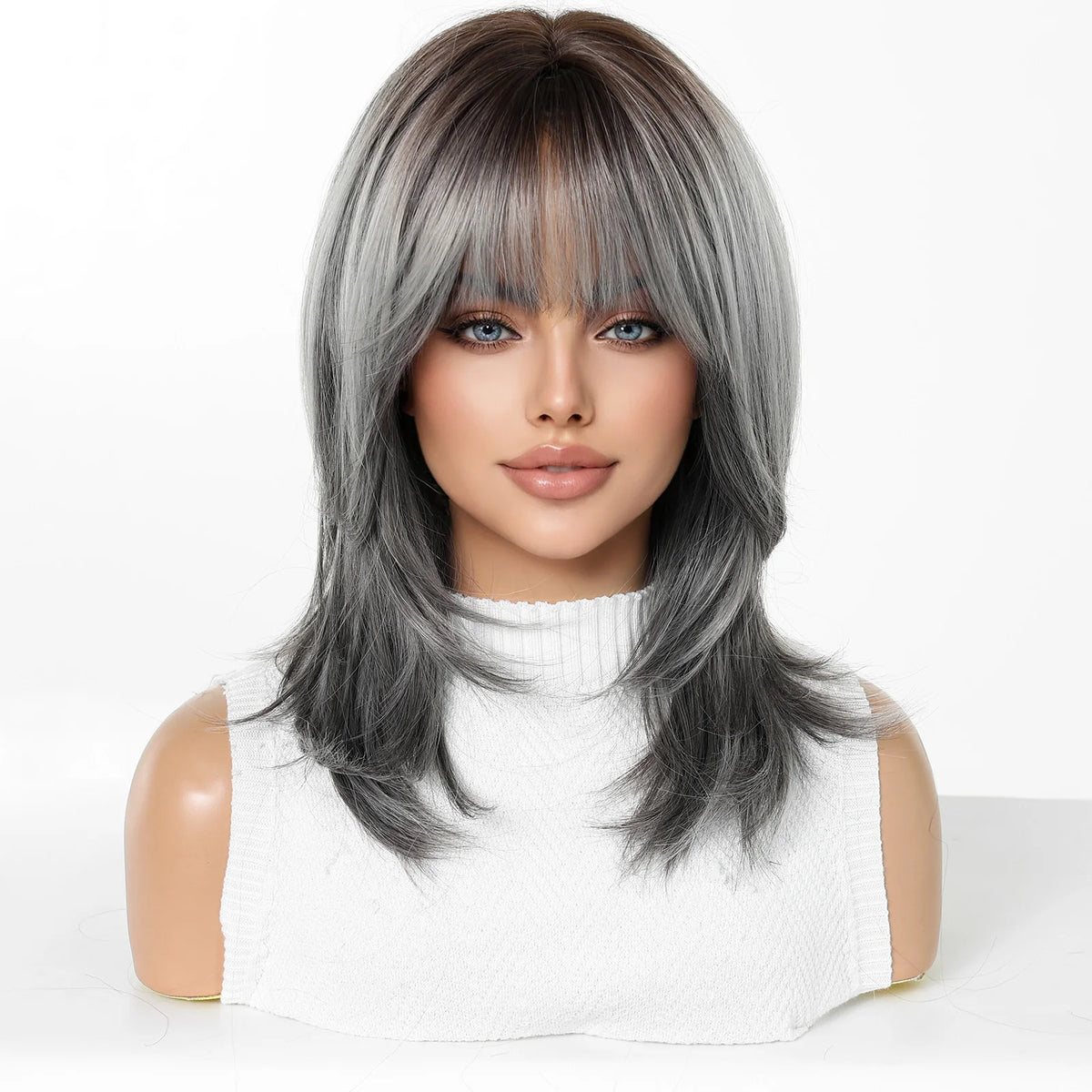 TopShe 18 inch Grey Wave Synthetic Wig Curly for Woman Shoulder Length Heat-Resistant Silver-Grey Hall Wig Layered Medium Length Shaggy Hair Wig Display Costume Party Daily Wear Natural Ash Grey Salt and Pepper Hairpiece Feat