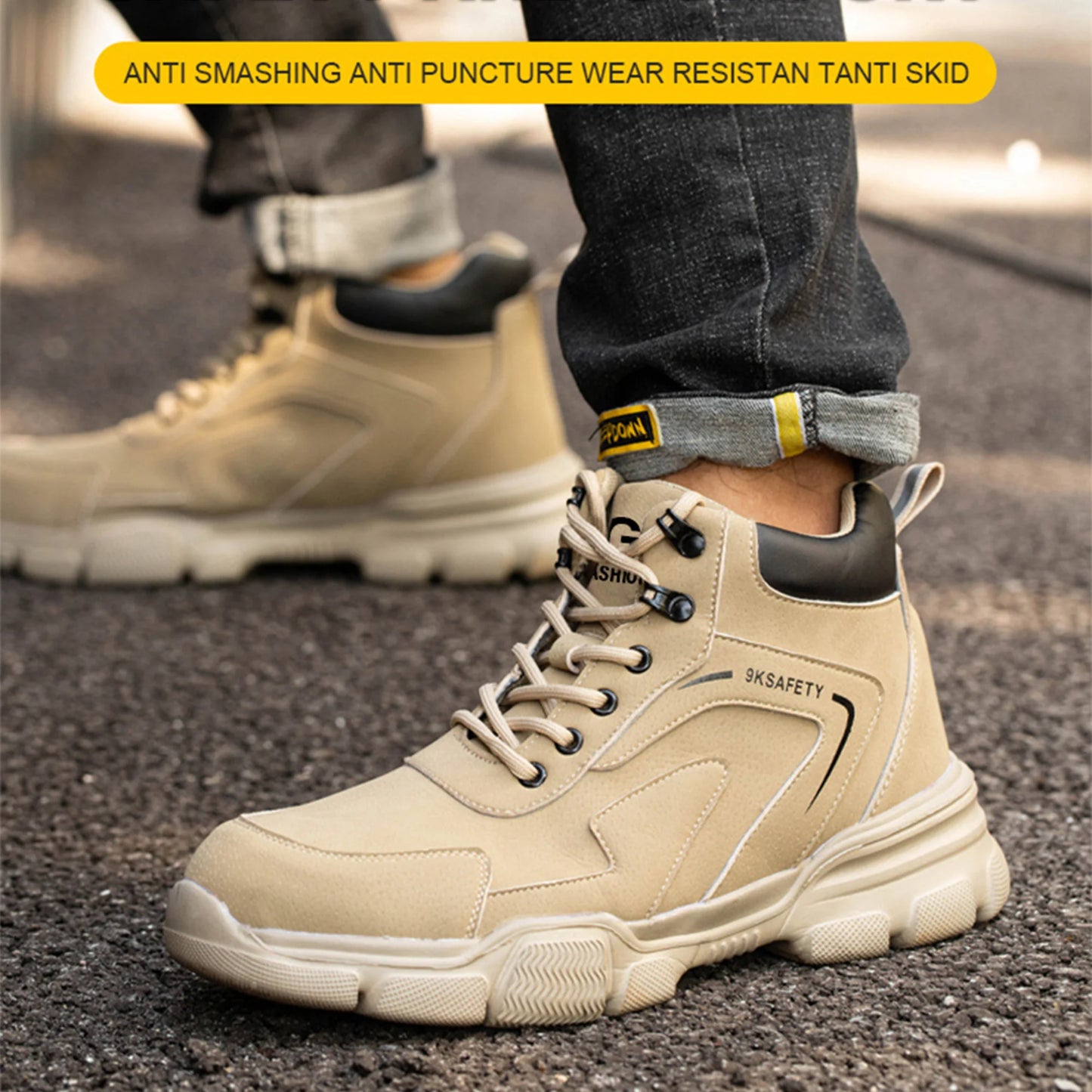 Men's & Women's Brown High-top PU Water Repellent Lightweight Anti-smash Anti-puncture Comfortable Wear Resistant Industrial Construction Work Safety Boots