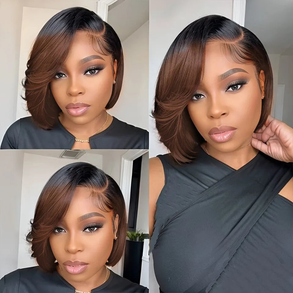 pixie wig short straight wig brown burgundy color Black Friday Halloween 13x4 frontal lace pixie cut human hair wig for women