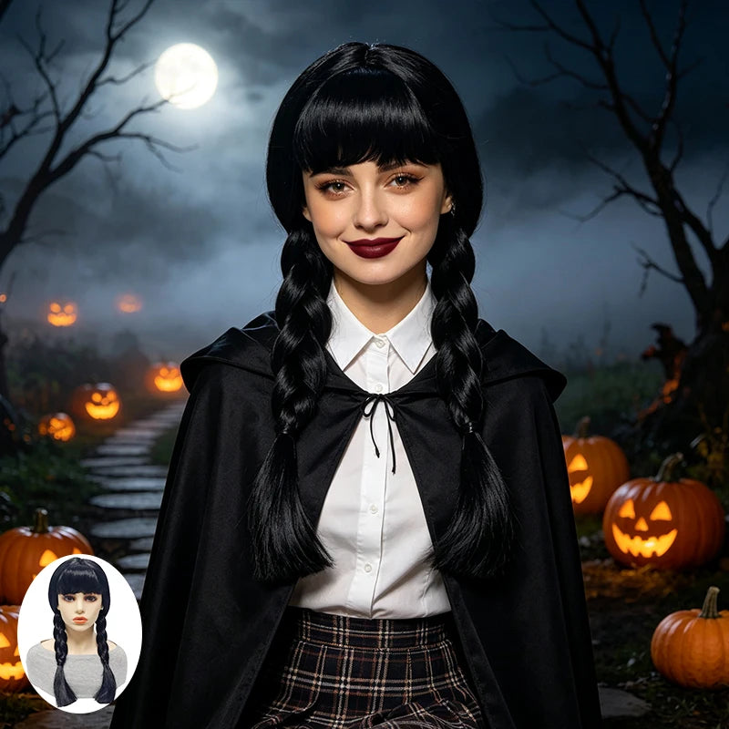 Black Synthetic Fiber Heat Resistant Low Shedding Cosplay Wig with Bangs Double Braids Side Long Hair Shiny Smooth Adjustable Cap for Women Girls Party Halloween Costume Role Play Stage Show Photo Shoot Daily Use