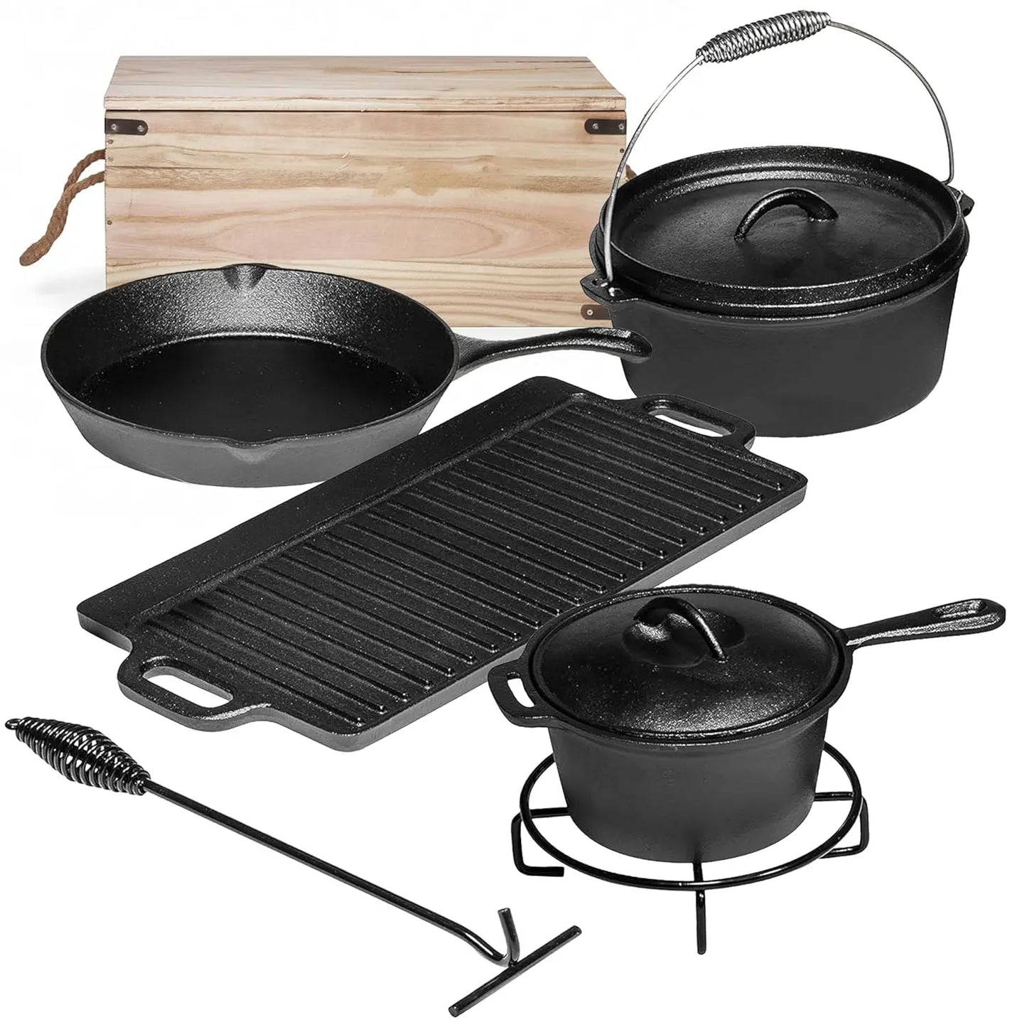 Camping Cooking Set Of 7. Pre Seasoned Cast Iron Pots And Pans Dutch Oven With Lids For Outdoor