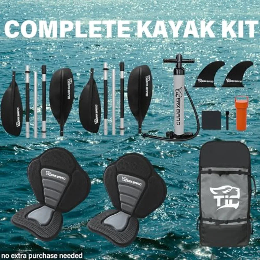 12'8 Inflatable Tandem Kayak for Fishing Touring 2 Seats Adjustable Paddle Blue Durable Material Ideal for Family Adventures