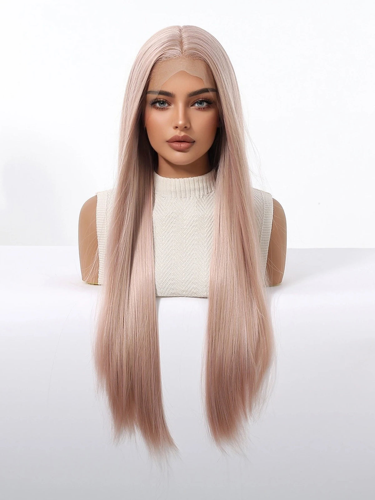 Halloween Wig Long Straight Ash Pink 13x4 HD Lace Front Wig 30 Inch Heat Resistant Fiber Synthetic Wig Glueless Synthetic Transparent Lace Frontal Wigs Pre Plucked Pastel Rose Gold for Women