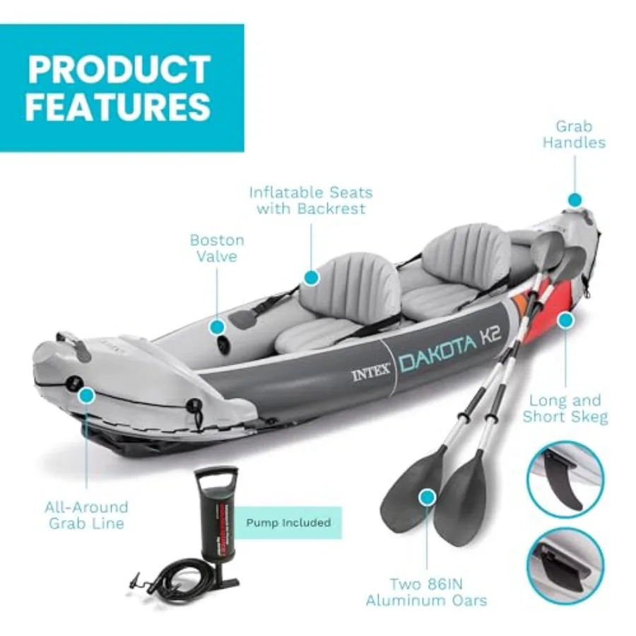 2-Person Inflatable Kayak Set Dakota K2 with 86in Oars and Pump in Blue for Outdoor Water Sports with Quick Inflation and Durable